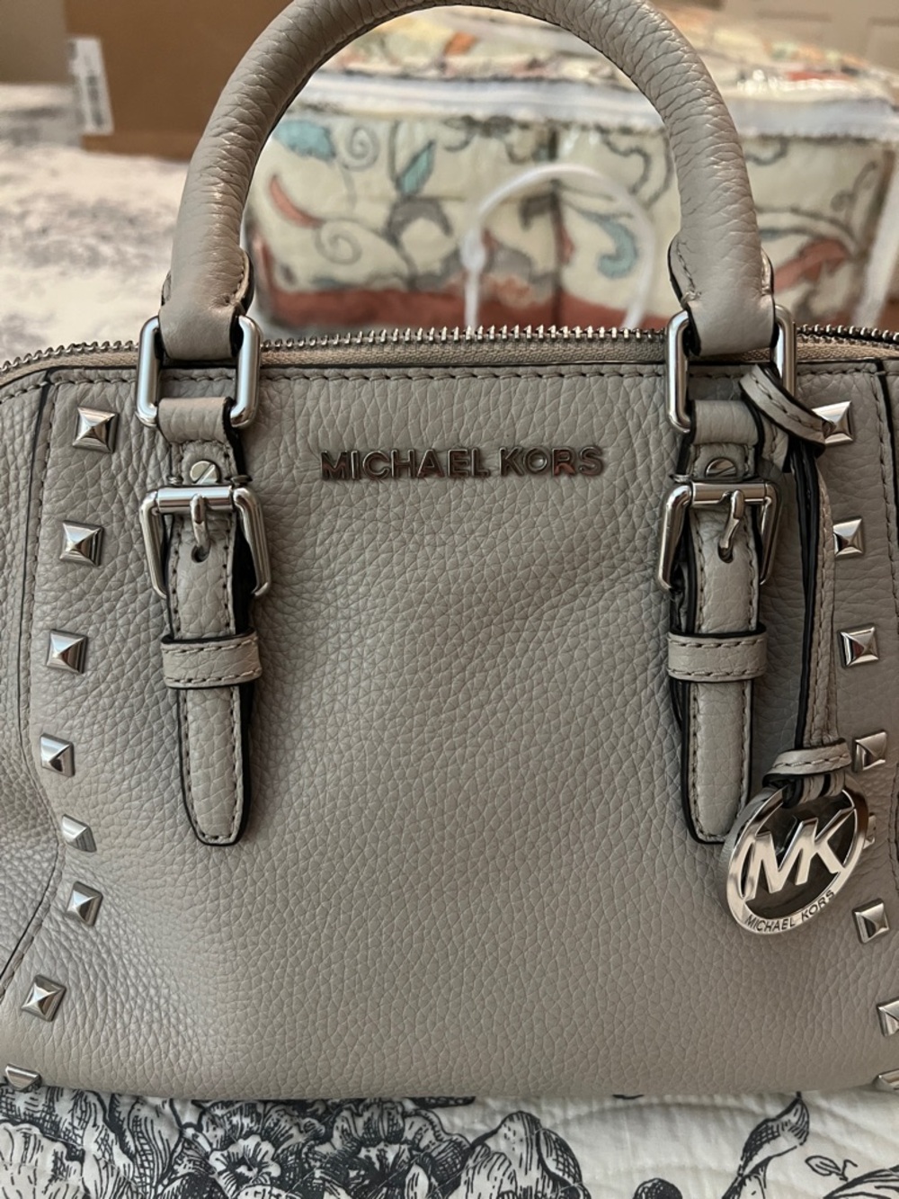 Michael Kors Taupe Pebbled Leather Studded Satchel